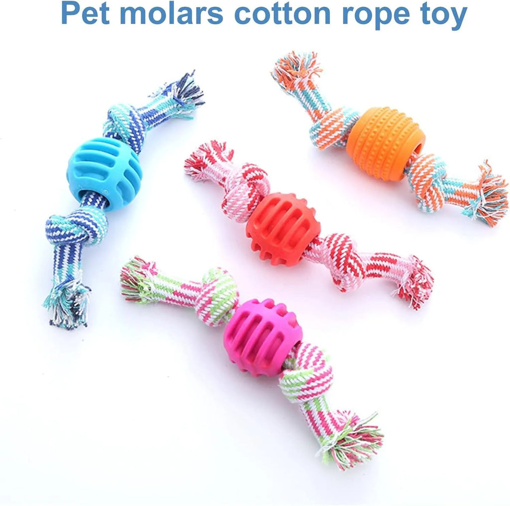 Blue dog chew toy with rope handles and textured surfaces for dental cleaning