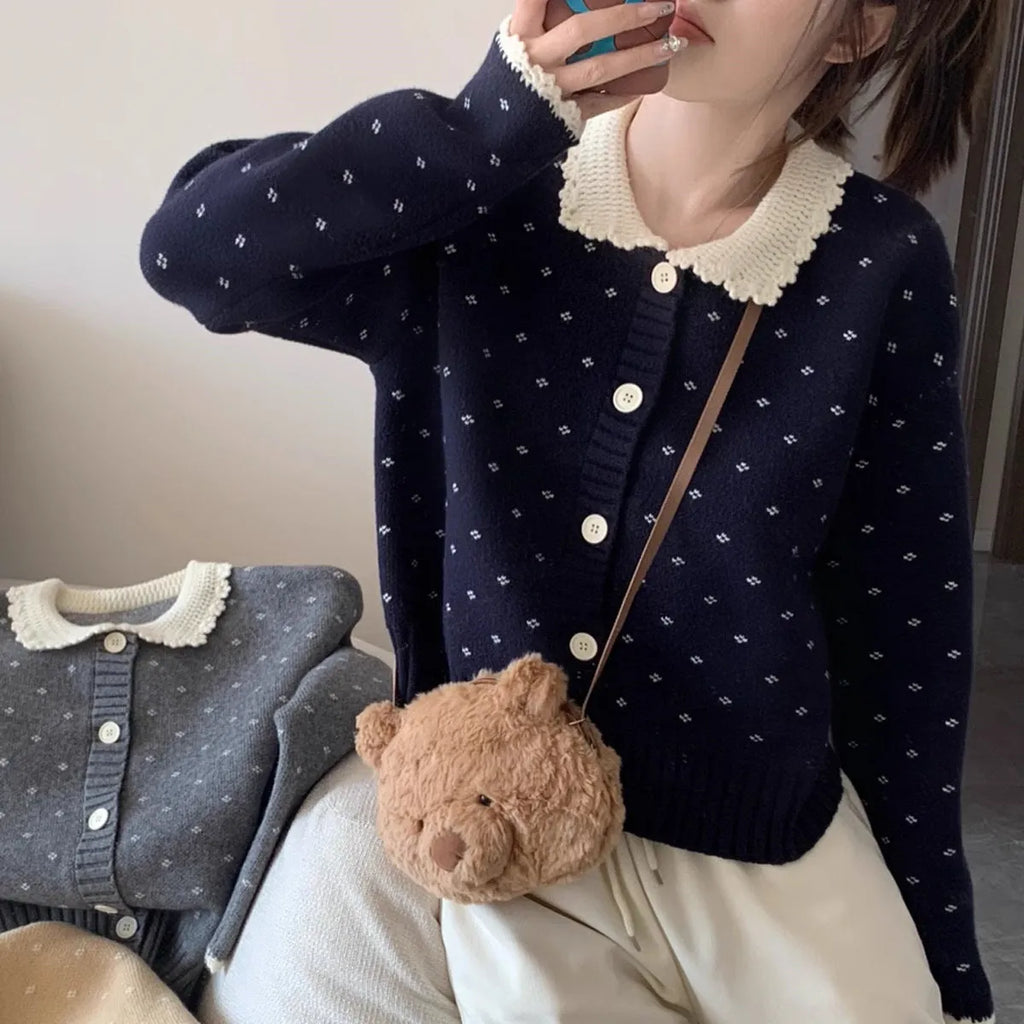 Retro Peter Pan collar knitted cardigan coat with flower pattern in Japanese Korean casual style