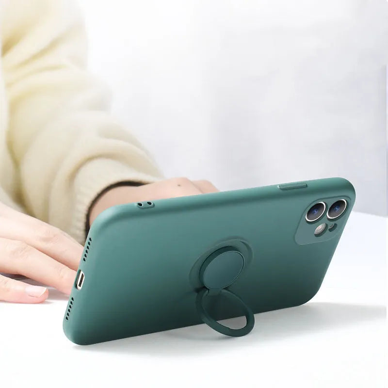 Liquid silicone iPhone 12 case with integrated ring bracket in assorted colours.