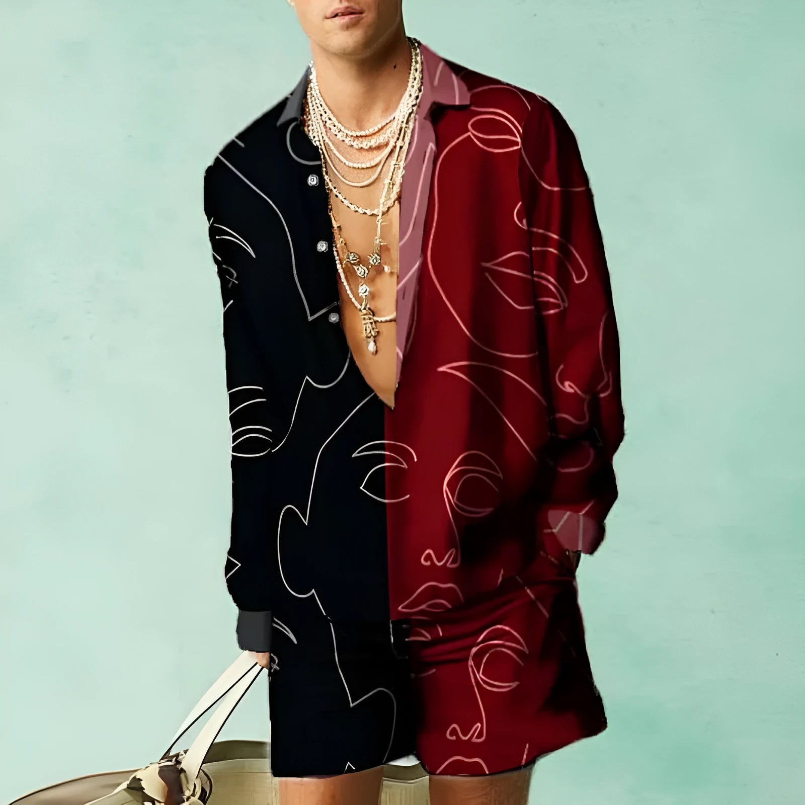 Man wearing a colour block long sleeve shirt with matching casual shorts from a summer outfit set.
