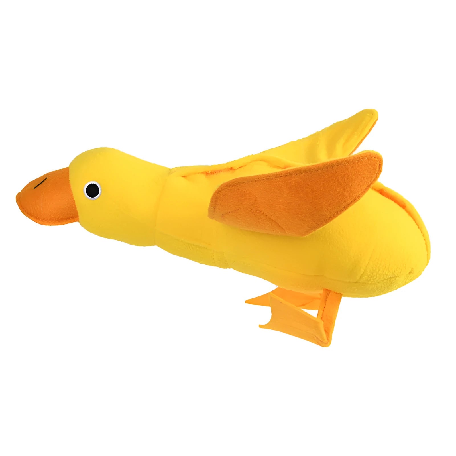 Yellow plush duck dog training toy with squeaker and treat dispensing features