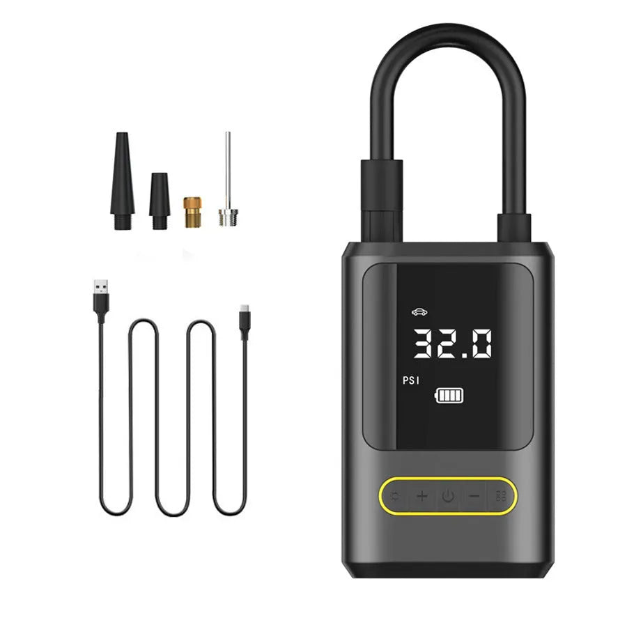 Wireless digital display car tyre inflator with LED light and multiple nozzles on black background