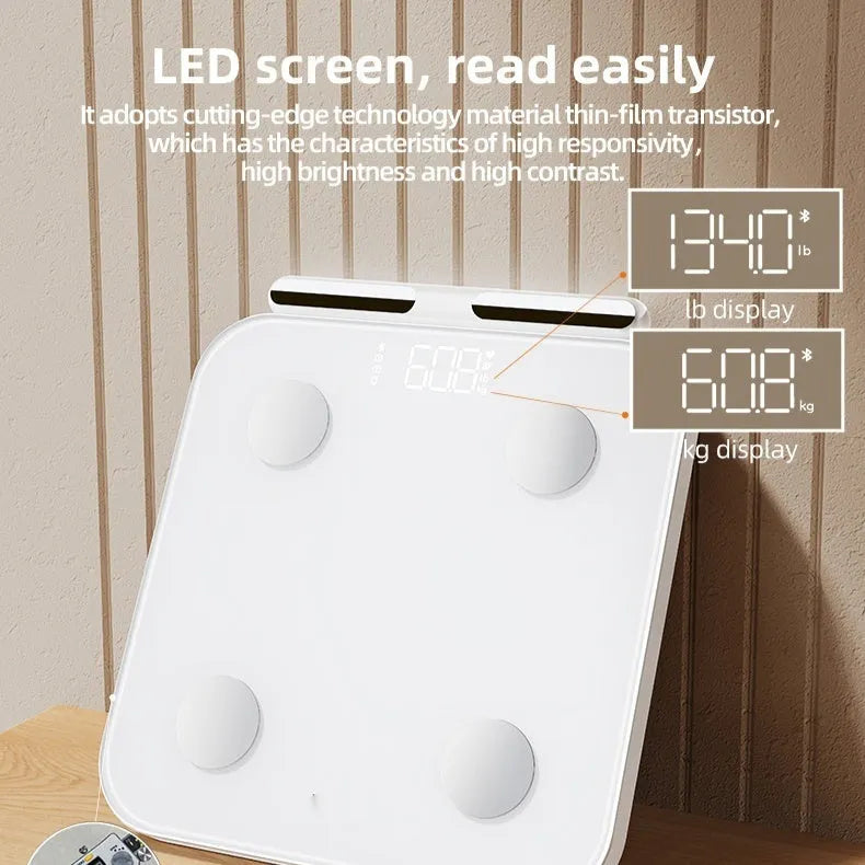 White professional body fat scale with eight electrodes and LED display on tempered glass platform