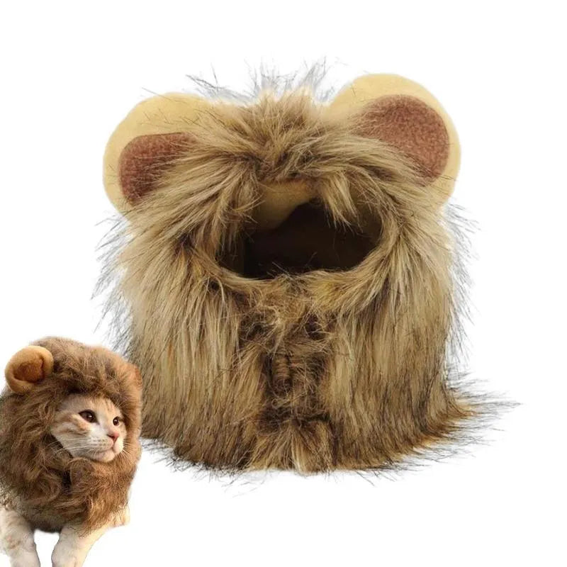 Lion mane wig with plush ears on a cat, showing adjustable elastic band
