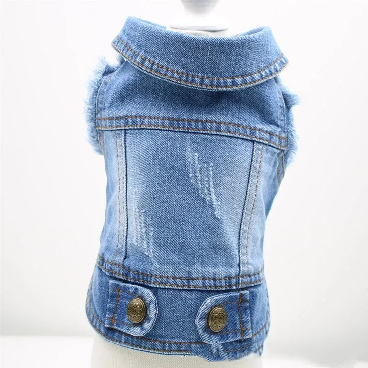 Denim dog vest with retro scratch pattern shown in dark wash colour on small breed dog