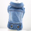 Denim dog vest with retro scratch pattern shown in dark wash colour on small breed dog