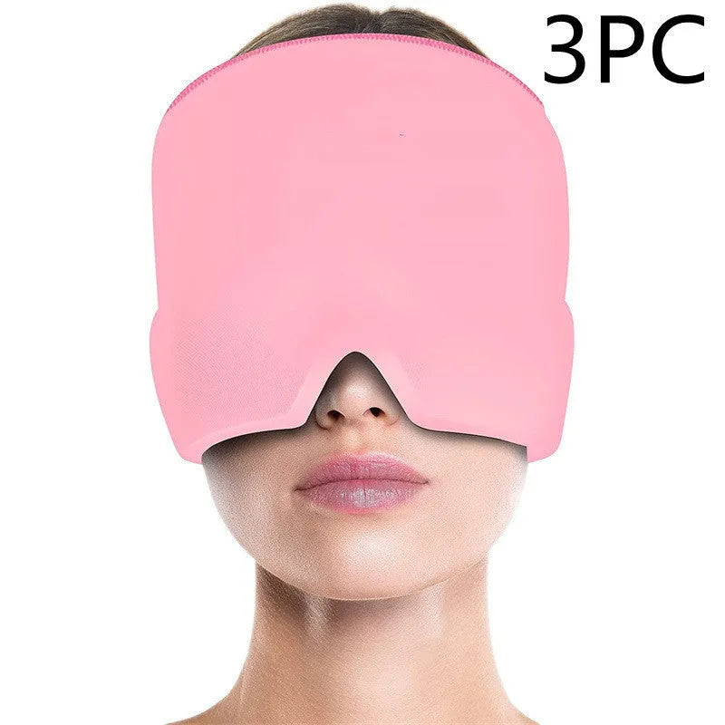 Elastic cloth gel eye mask for headache relief in black pink or sky blue with adjustable fit
