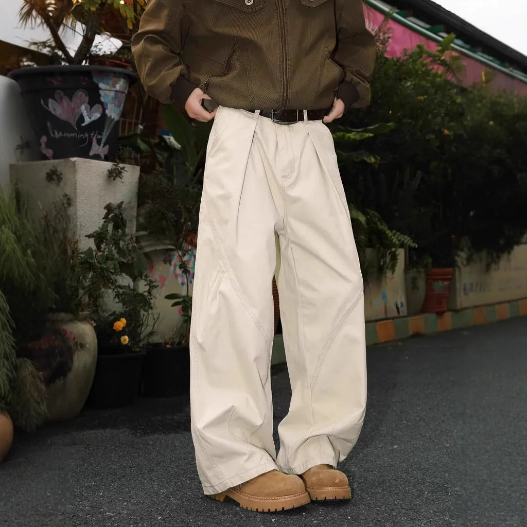 Men's straight leg trousers in striped black, brown and apricot colours with elasticated fabric
