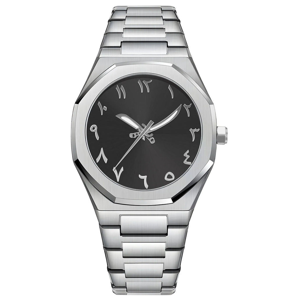 Men's steel business casual quartz watch with 10mm thickness in black silver scale colour