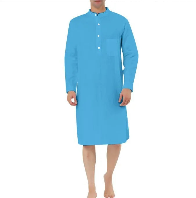 Men's cotton shirt-style robe with front pockets shown in multiple colour options.