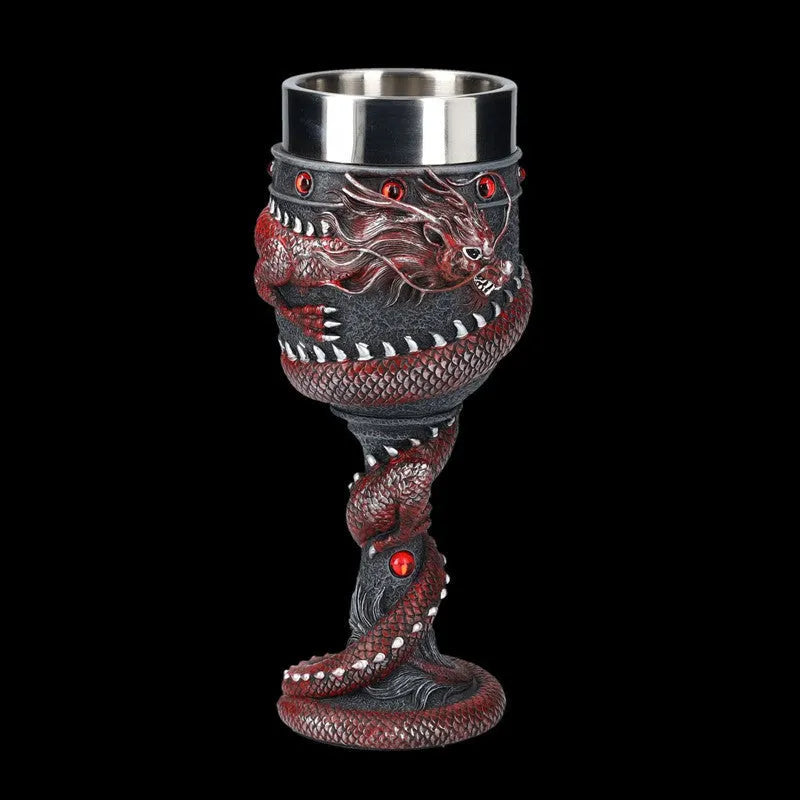 Chinese dragon 3D red wine glass in gold and red colour options showing detailed dragon design