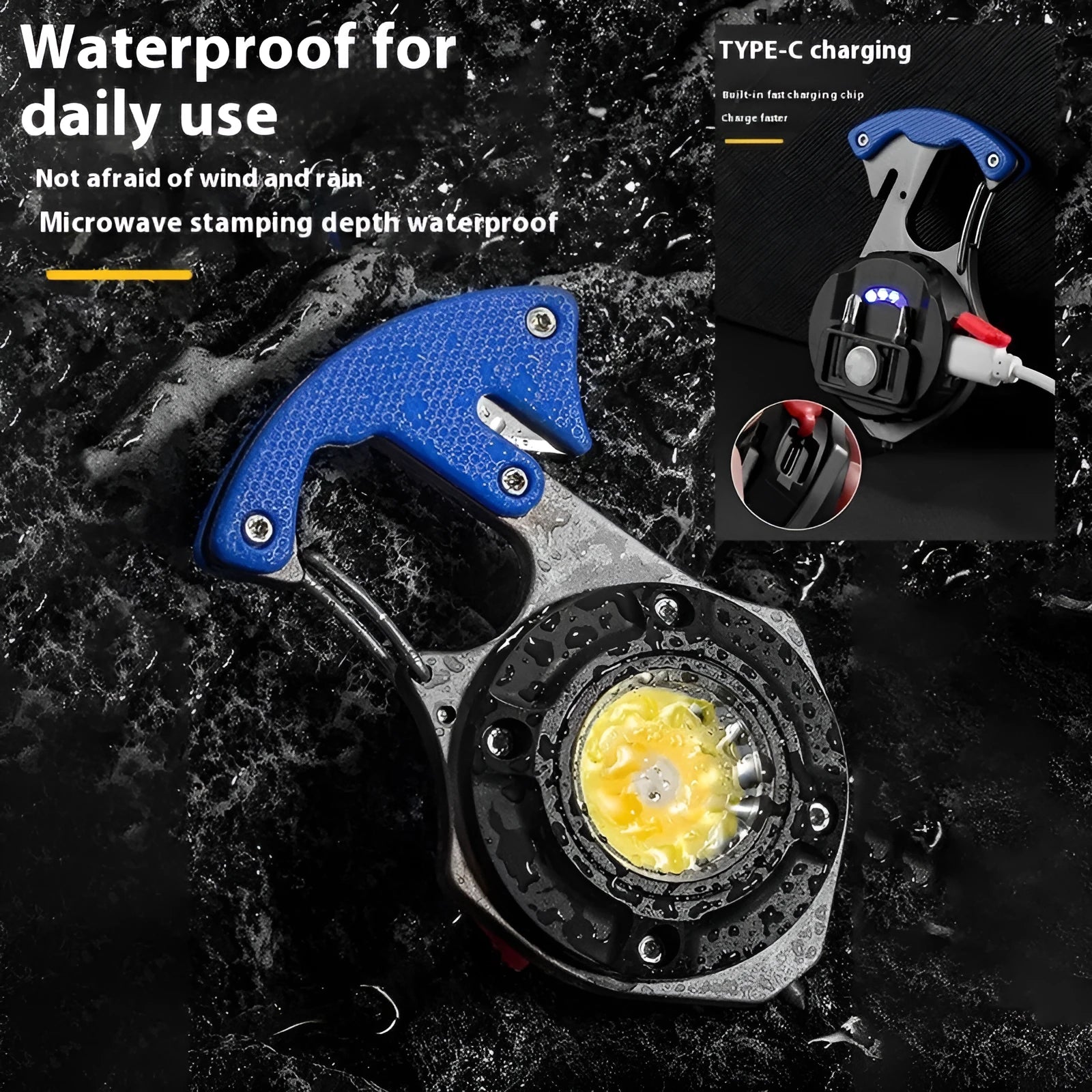 Compact silver and black multifunctional keychain flashlight with keyring, COB LED panel, and window breaker tool.