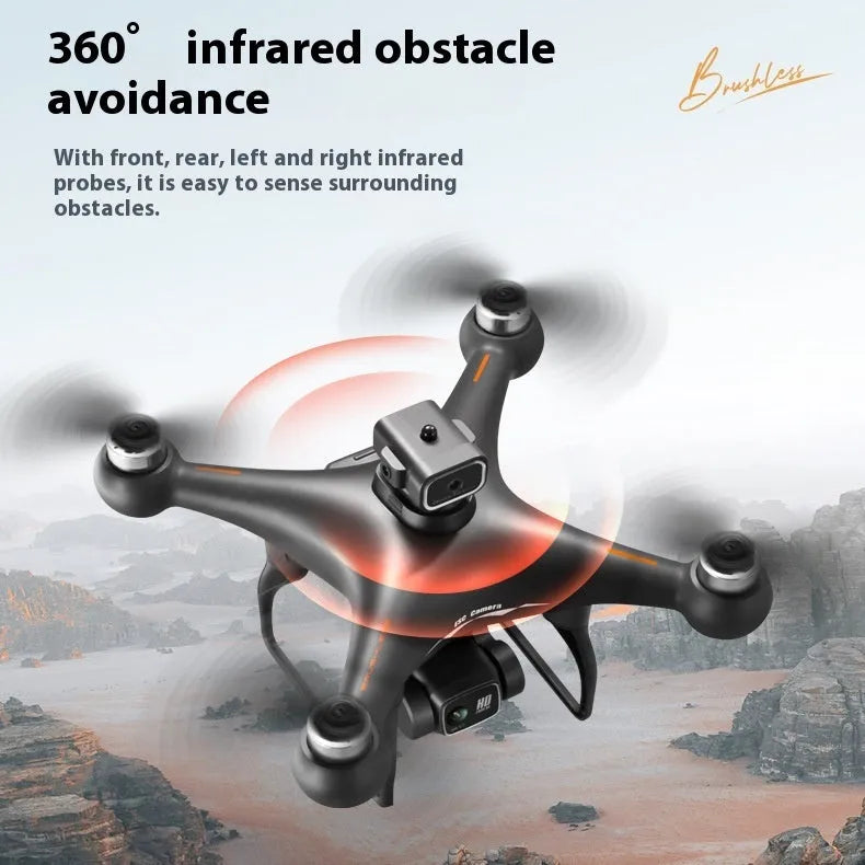 Black plastic UAV drone with four propellers and camera, remote control transmitter beside it