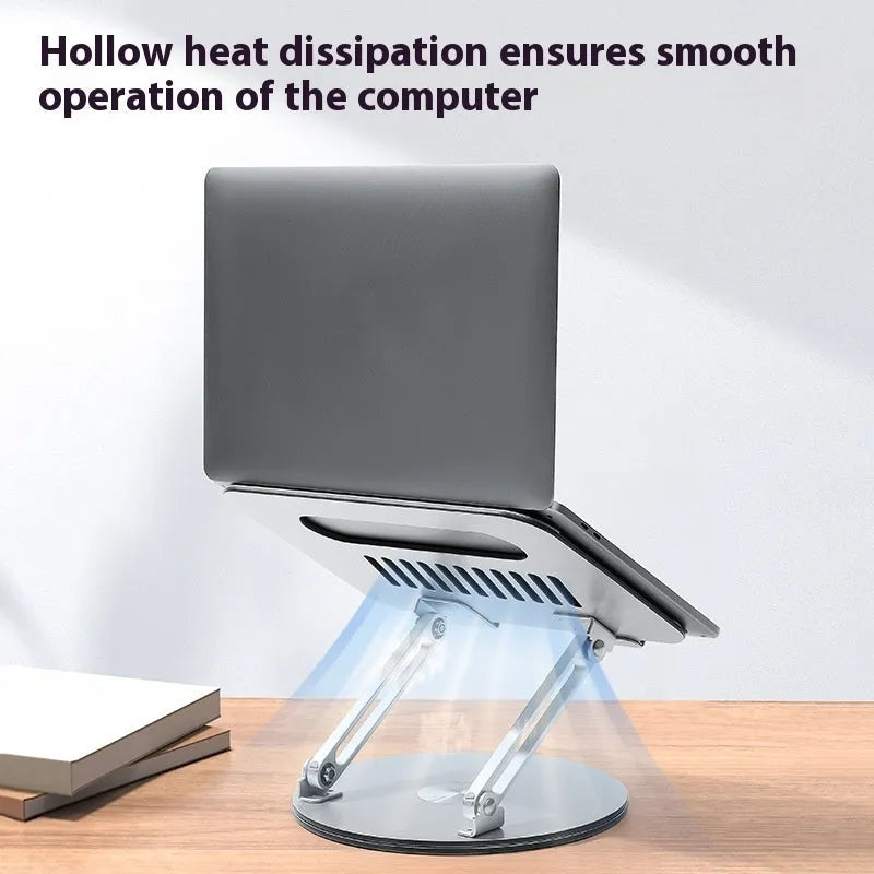 Silver aluminium laptop stand showing rotation and lifting features