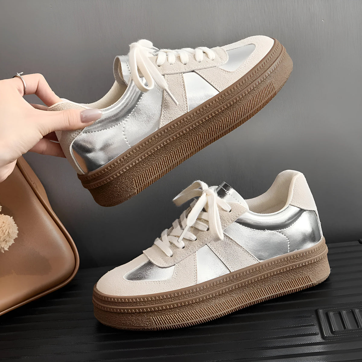 Milky white round toe board shoes with cross shoulder straps and front lace-up fastening