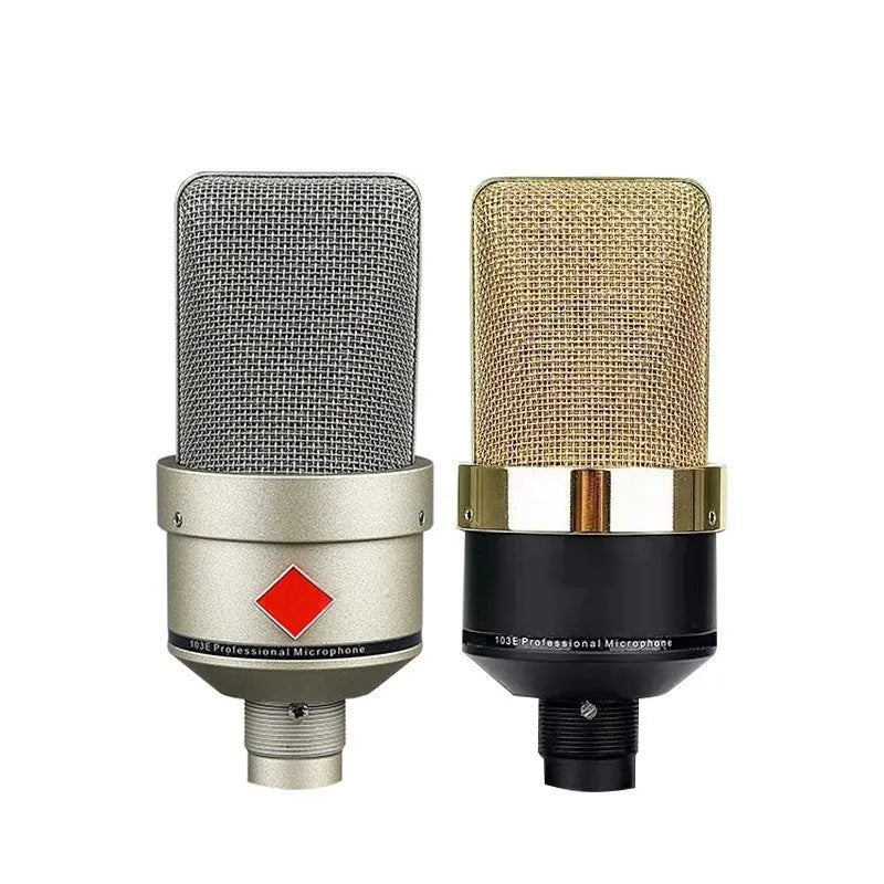 Champagne gold condenser microphone with cardioid pattern on included desk stand