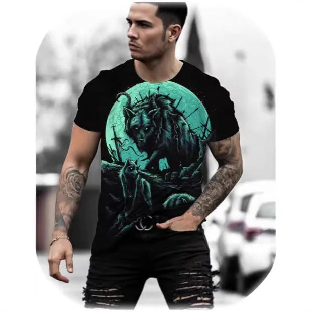 Retro 3D animal print design on a men's short-sleeved polyester t-shirt, shown in multiple colour options.