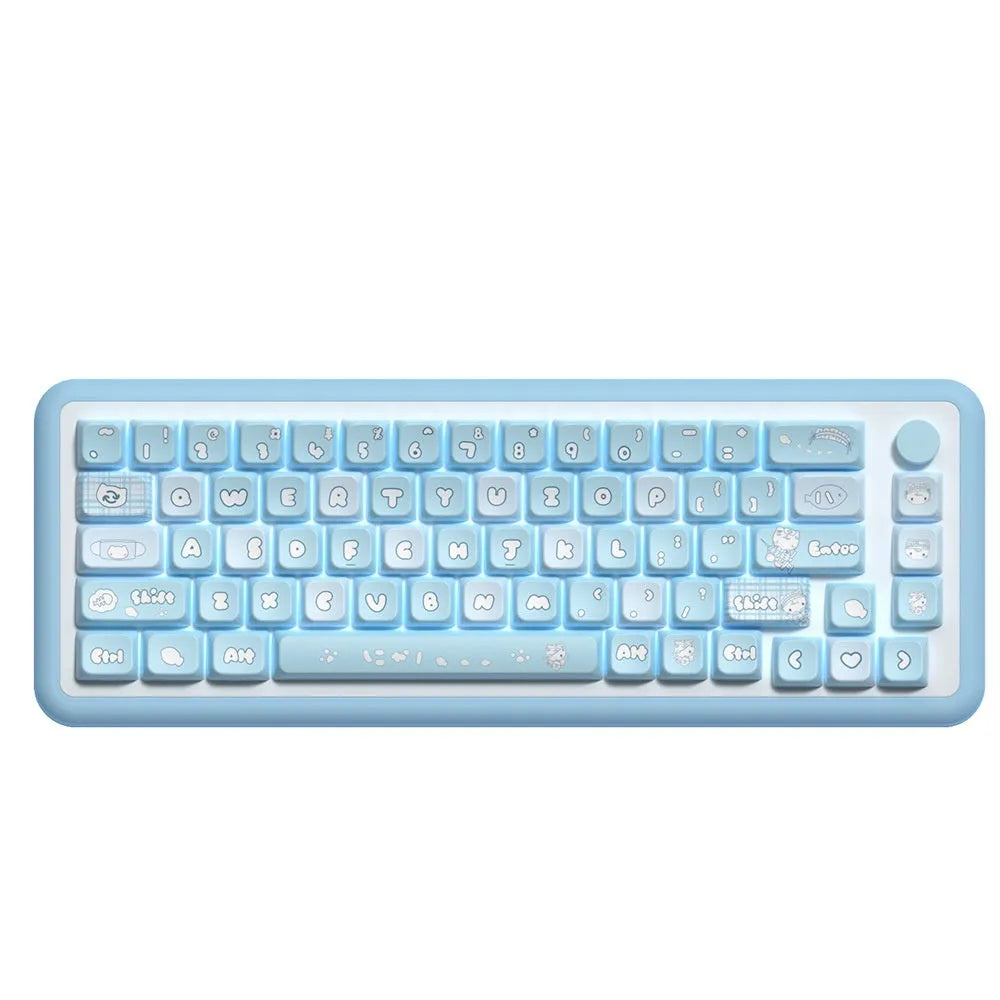 Custom watercolour kitten design keycap set for mechanical keyboards with opaque legends in boxed packaging