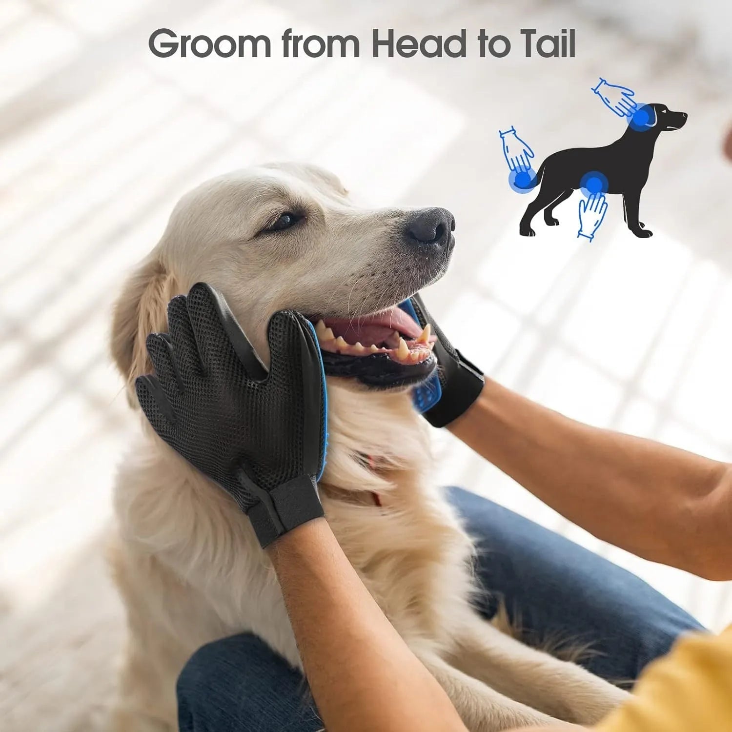 Blue pet grooming glove with silicone tips for dog and cat hair removal