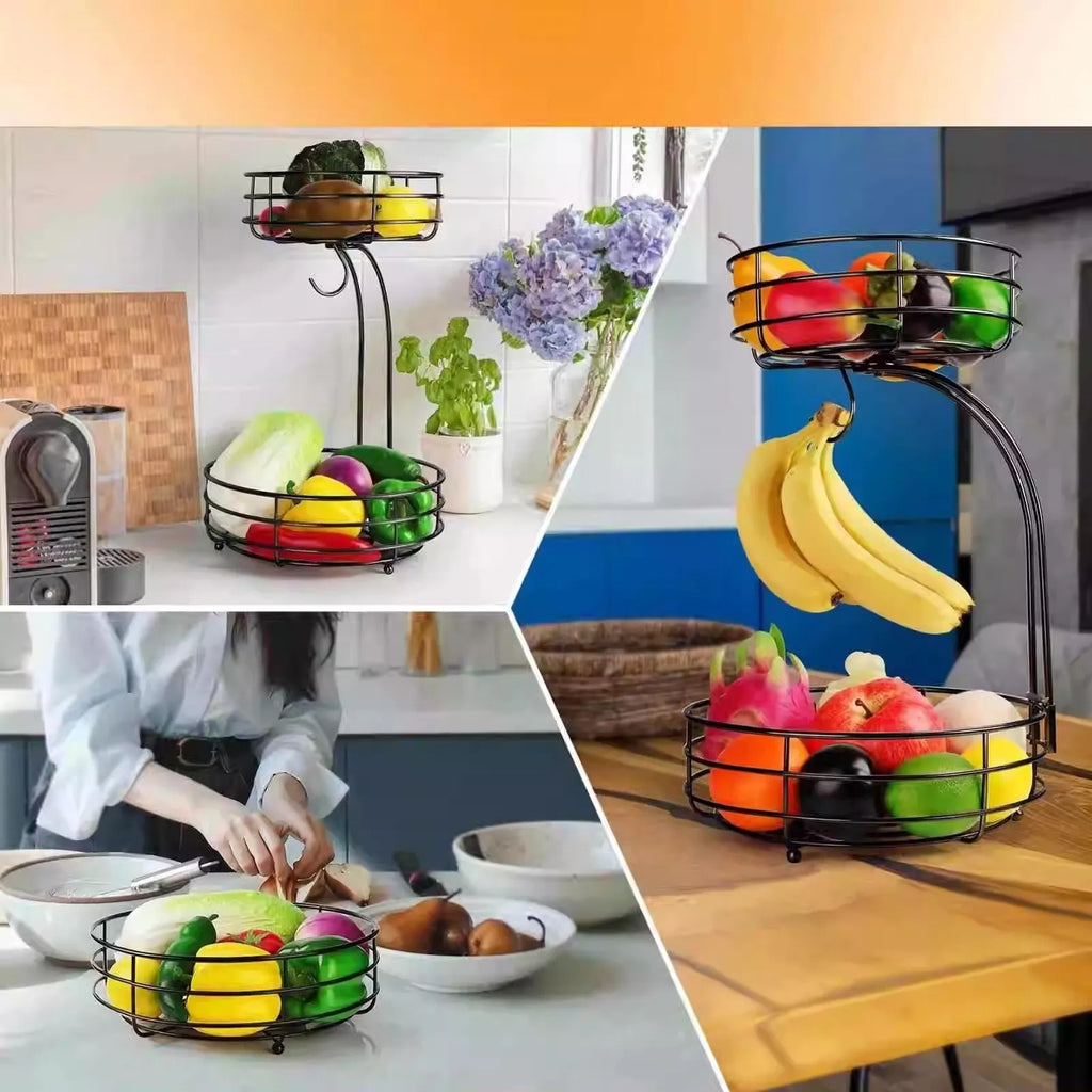 Black double-layer wrought iron fruit basket with two storage tiers for restaurant or home use