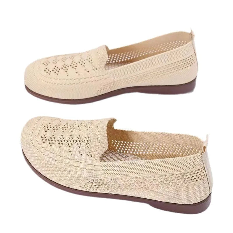 Women's beige mesh tennis shoes with round toe and anti-slip soles for elderly wide feet