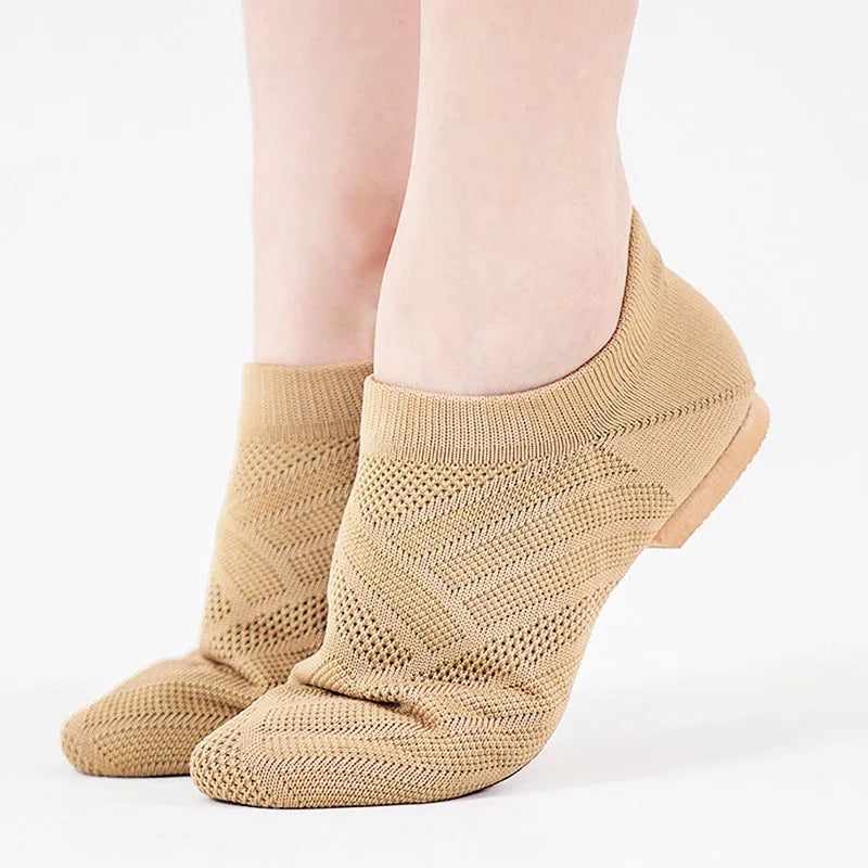 Camel coloured Latin dance shoes with cotton mesh upper and solid colour design.