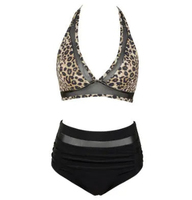 Women's black, rose red, and leopard print polyester fibre bikini set with brief style