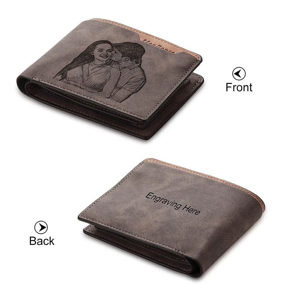 Coffee brown horizontal short wallet made of PU with custom engraving option measuring 120mm x 99mm x 25mm