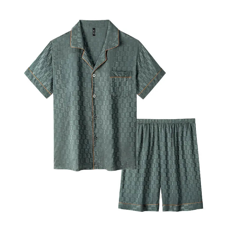 Man's lightweight ice silk pajama set in a blue houndstooth satin jacquard pattern, cardigan style with short pants.
