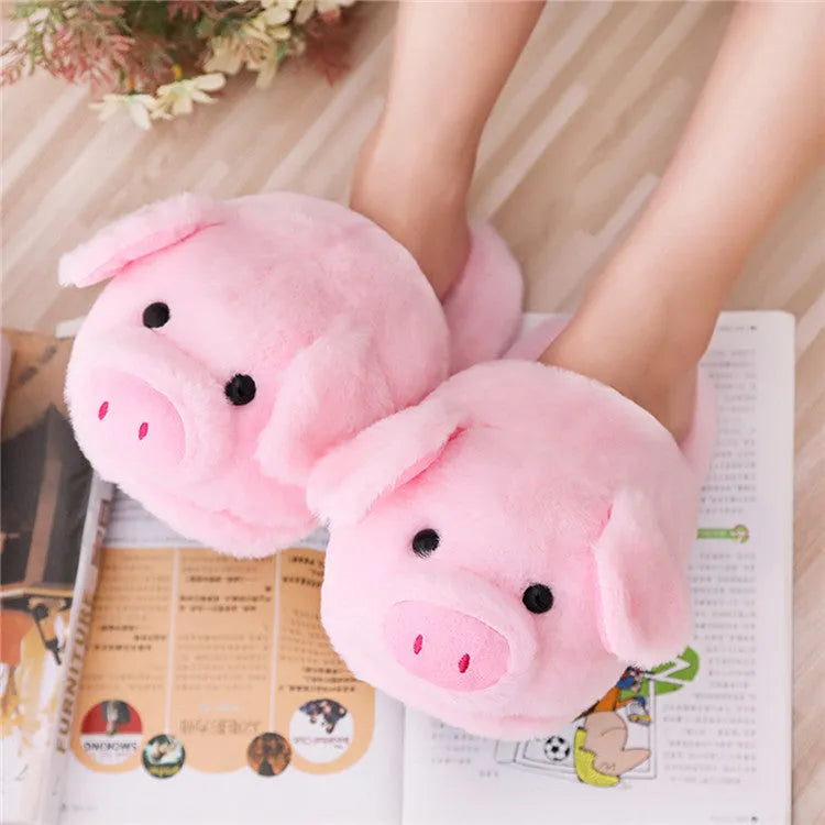 Pink pig-themed plush floor slippers with soft short fabric and cotton filling.