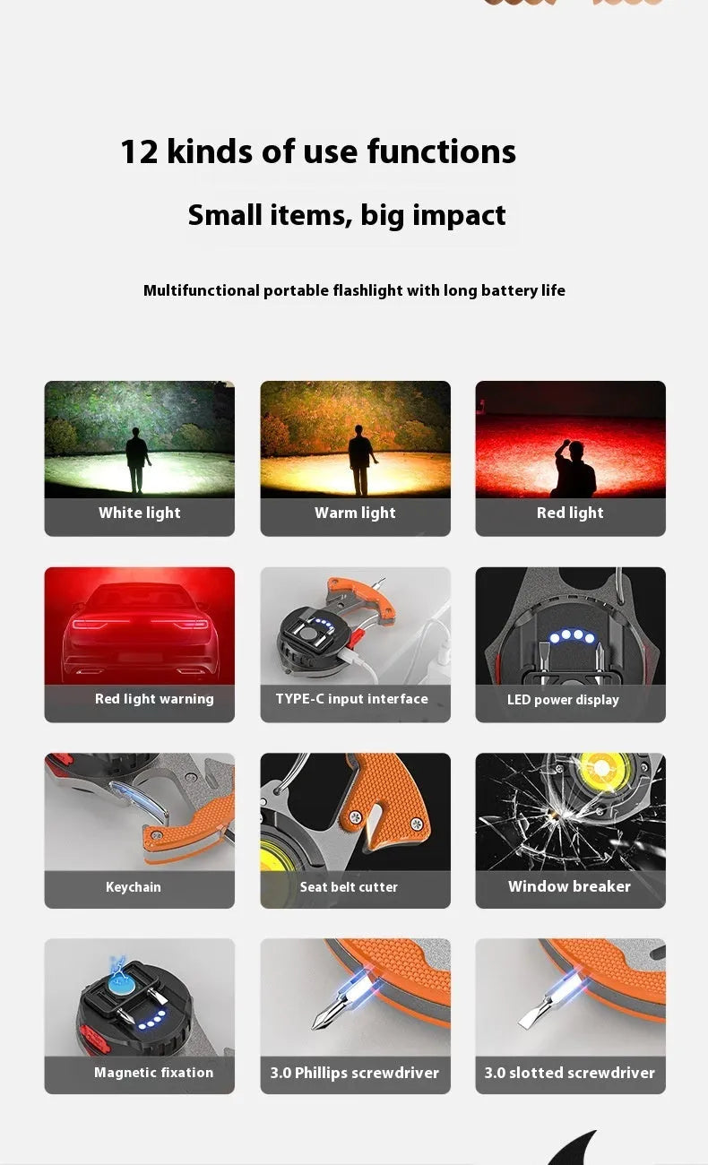 Compact silver and black multifunctional keychain flashlight with keyring, COB LED panel, and window breaker tool.