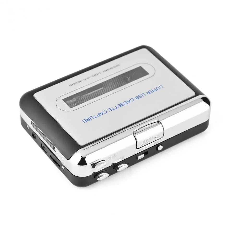 Silver USB cassette to MP3 converter unit with USB cable and earphones on a white background