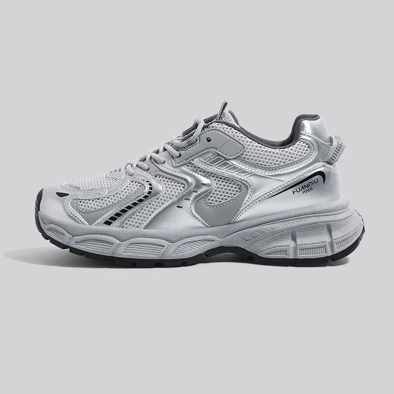 Grey platform sneakers Dad shoes with PU leather mesh upper and mid-heel