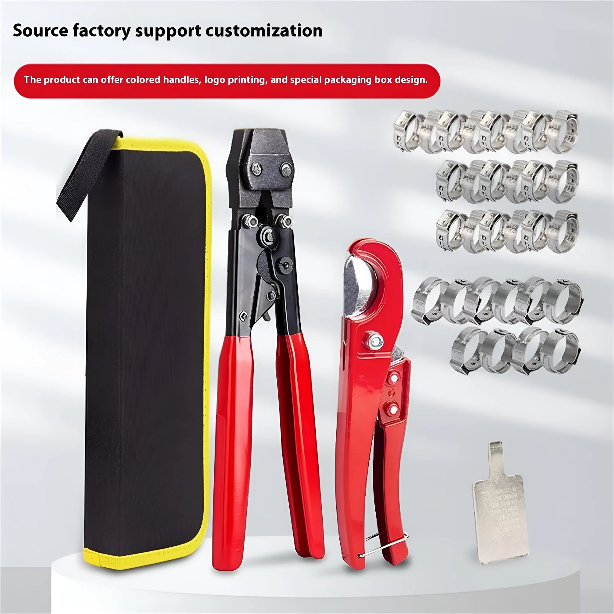 Red cloth style single ear PEX clamp set with metal construction and carbon steel cutting edge