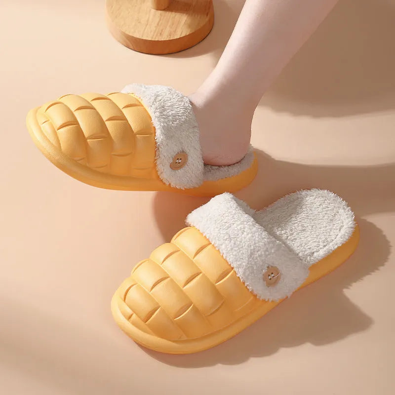 Plaid detachable slippers with plush lining and a textured EVA sole, shown in pink.