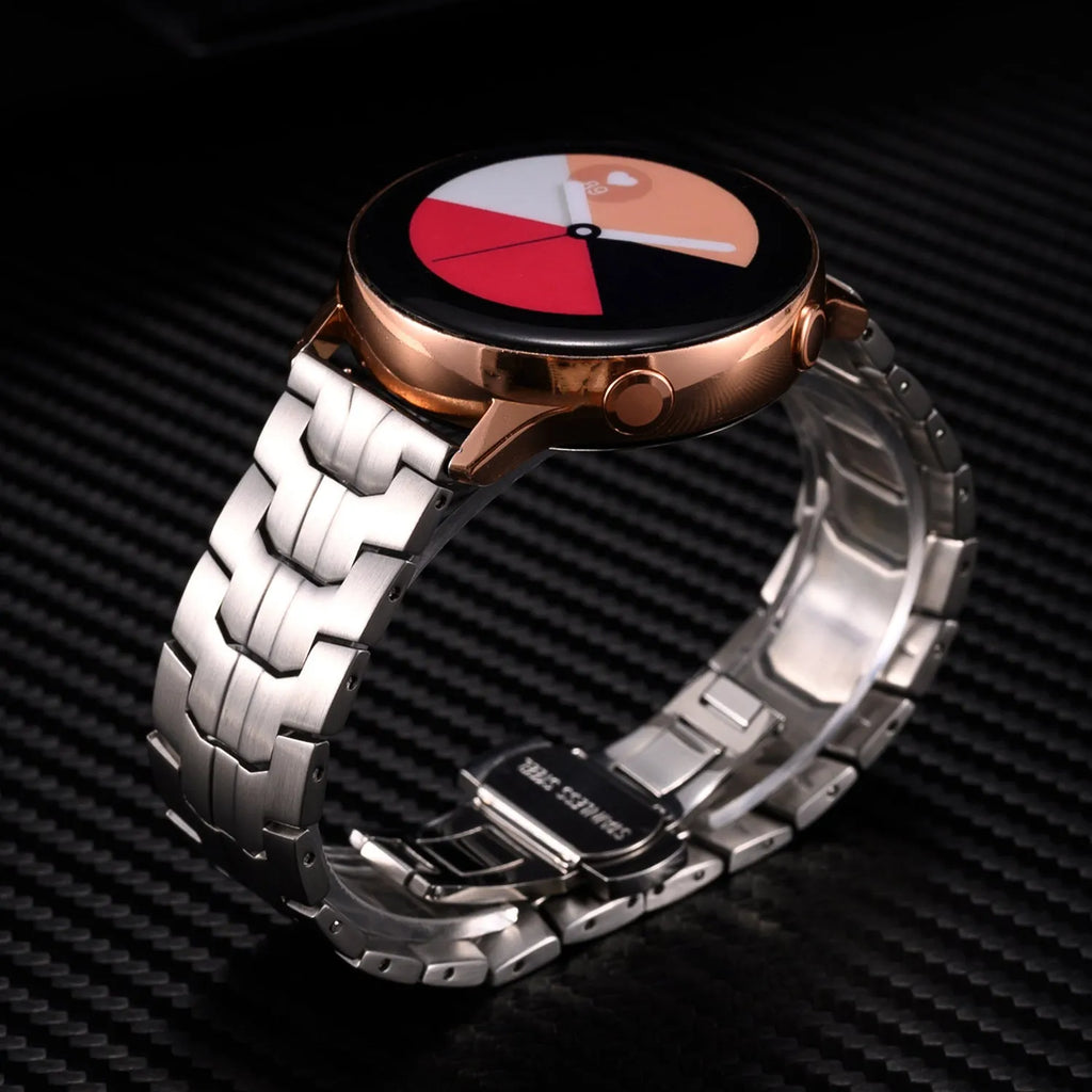 Stainless steel watch strap for Samsung Galaxy Watch in silver and black colour options, showing 20mm and 22mm width.