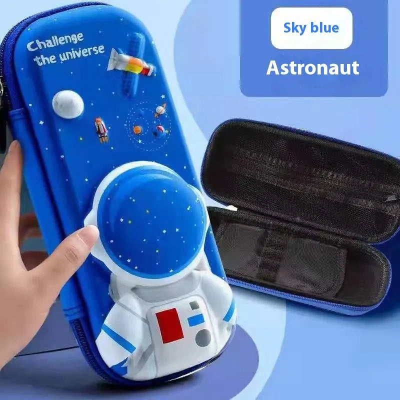 3D leather pencil case showing embossed astronaut and dinosaur design options.