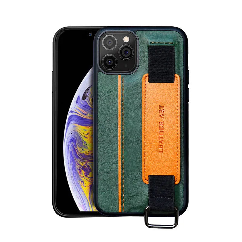 Brown imitation leather phone case with wrist strap showing stitching details and bracket design