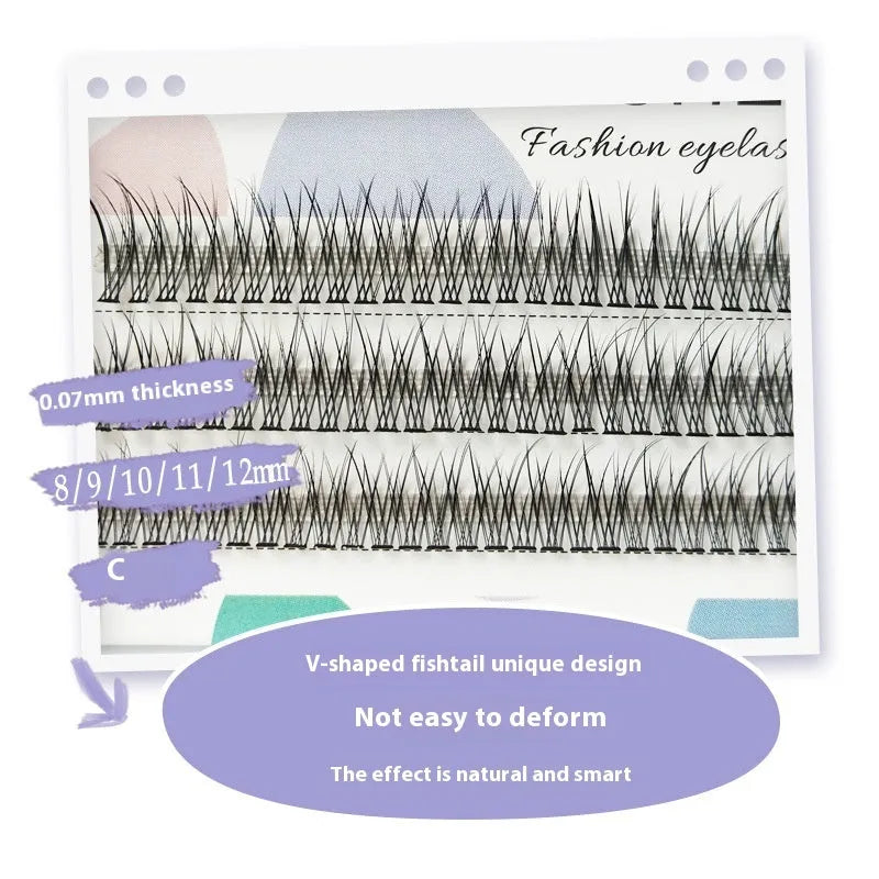 Black V-shaped fishtail false eyelashes on a white background showing graduated length design.