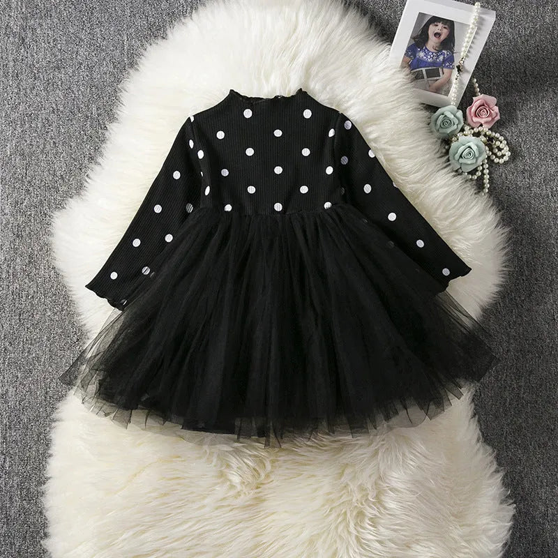 Girls' long sleeve lace tutu party dress in black, pink, or white for birthdays and christenings