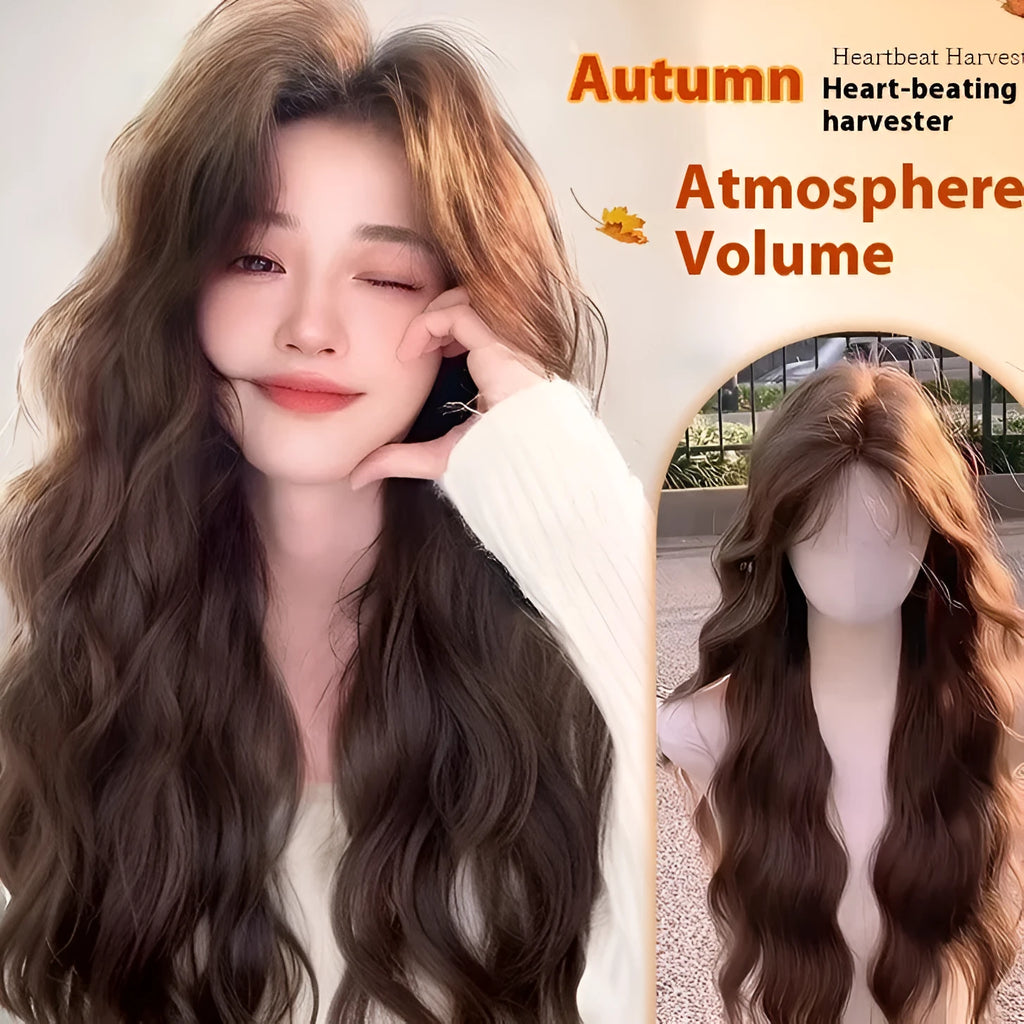 Full-head women's wig with long curly artificial hair and side bangs in brown colour options
