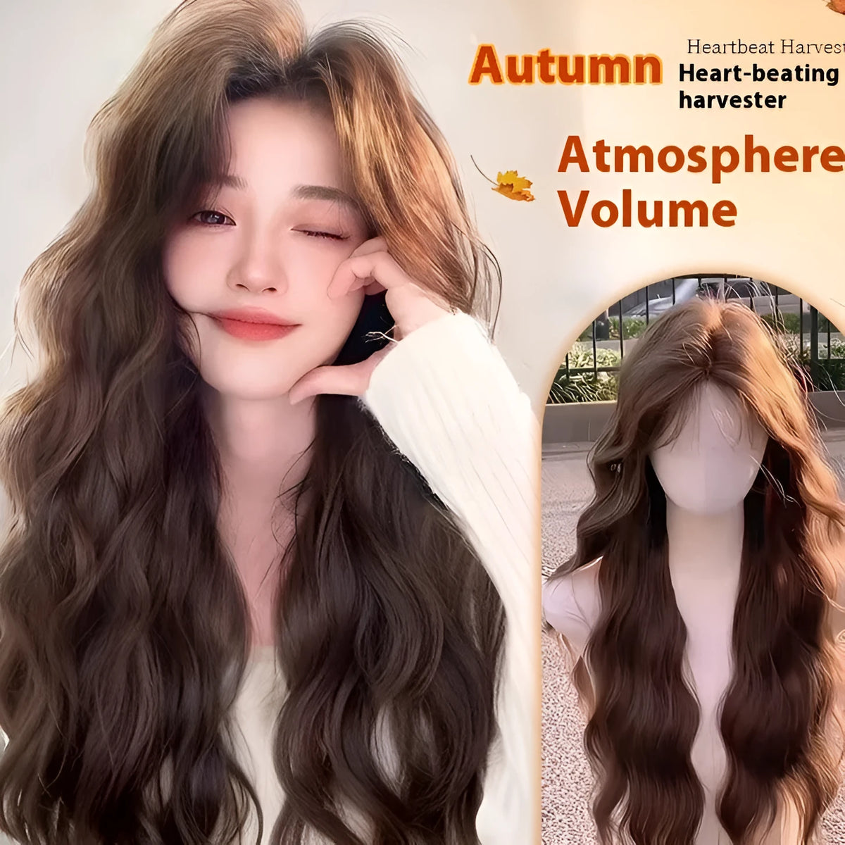 Full-head women's wig with long curly artificial hair and side bangs in brown colour options