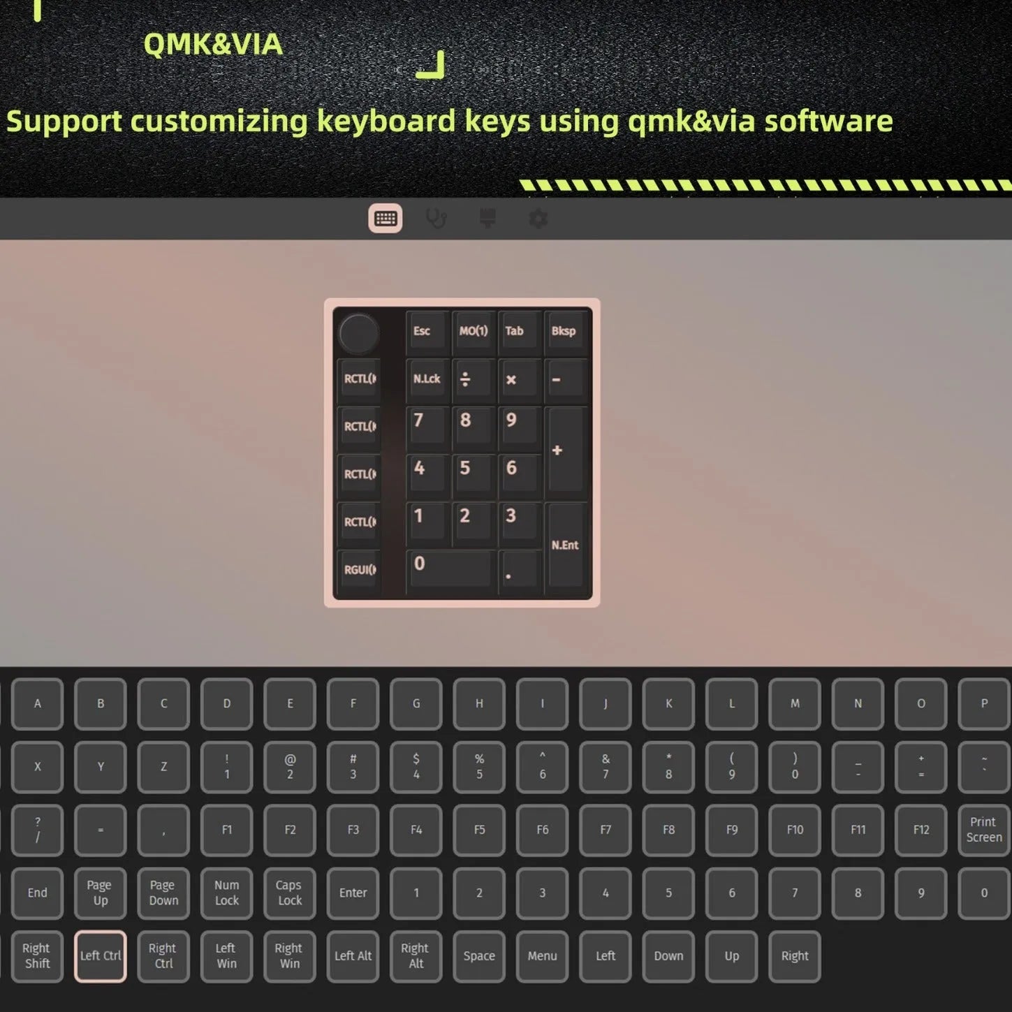 Wireless mechanical keyboard with numeric keypad in black colour showing three connection modes