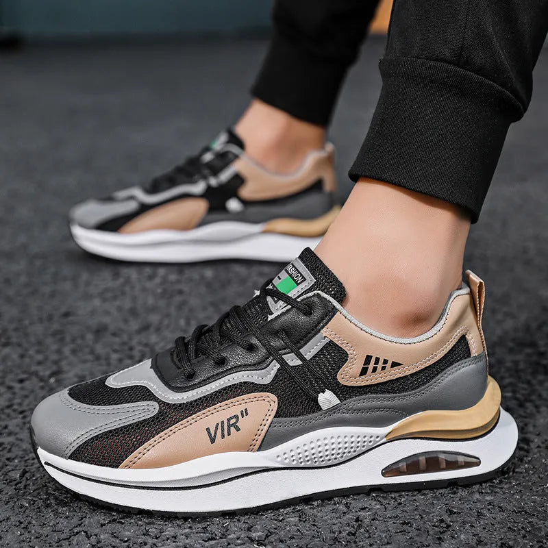 Men's grey and black mesh running shoes with round toe and EVA sole
