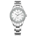 Silver stainless steel women's quartz watch with diamond bezel and luminous hands on a round 34mm dial.