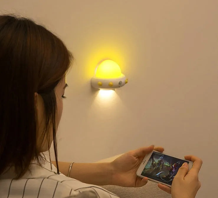 Remote control UFO bedside night light in blue, pink, or white with LED illumination