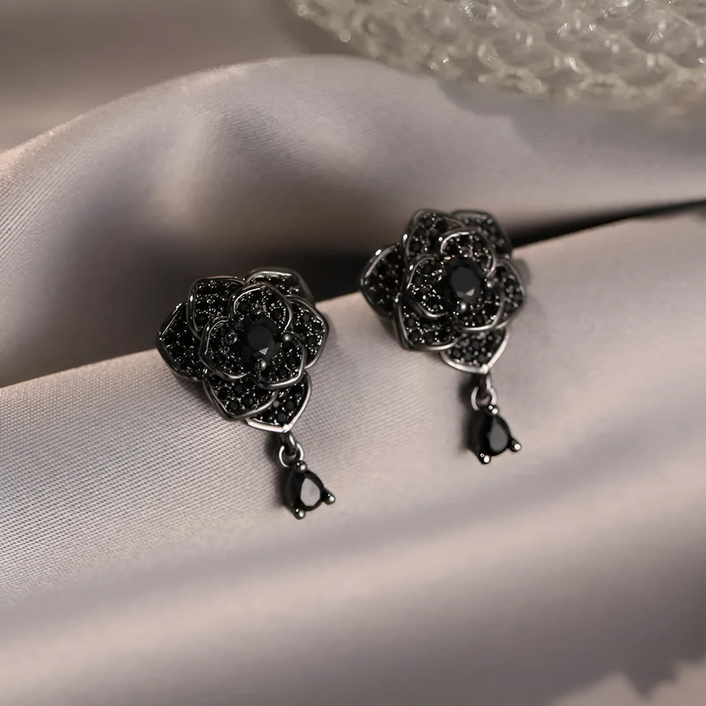 Black rose zircon floral stud earrings with electroplated copper construction and 18K purity finish