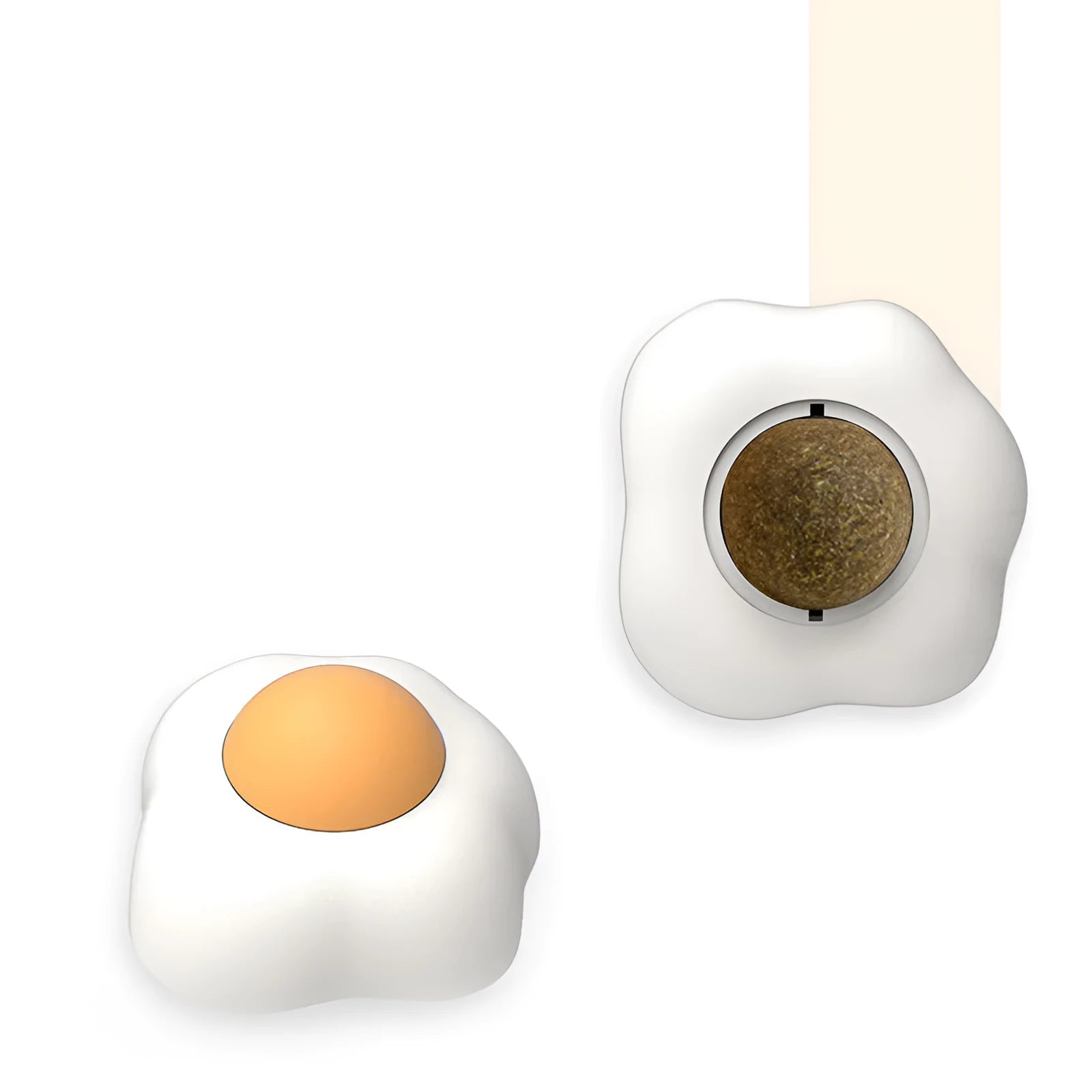 Interactive catnip ball toy in fried egg and poached egg shapes with natural filling