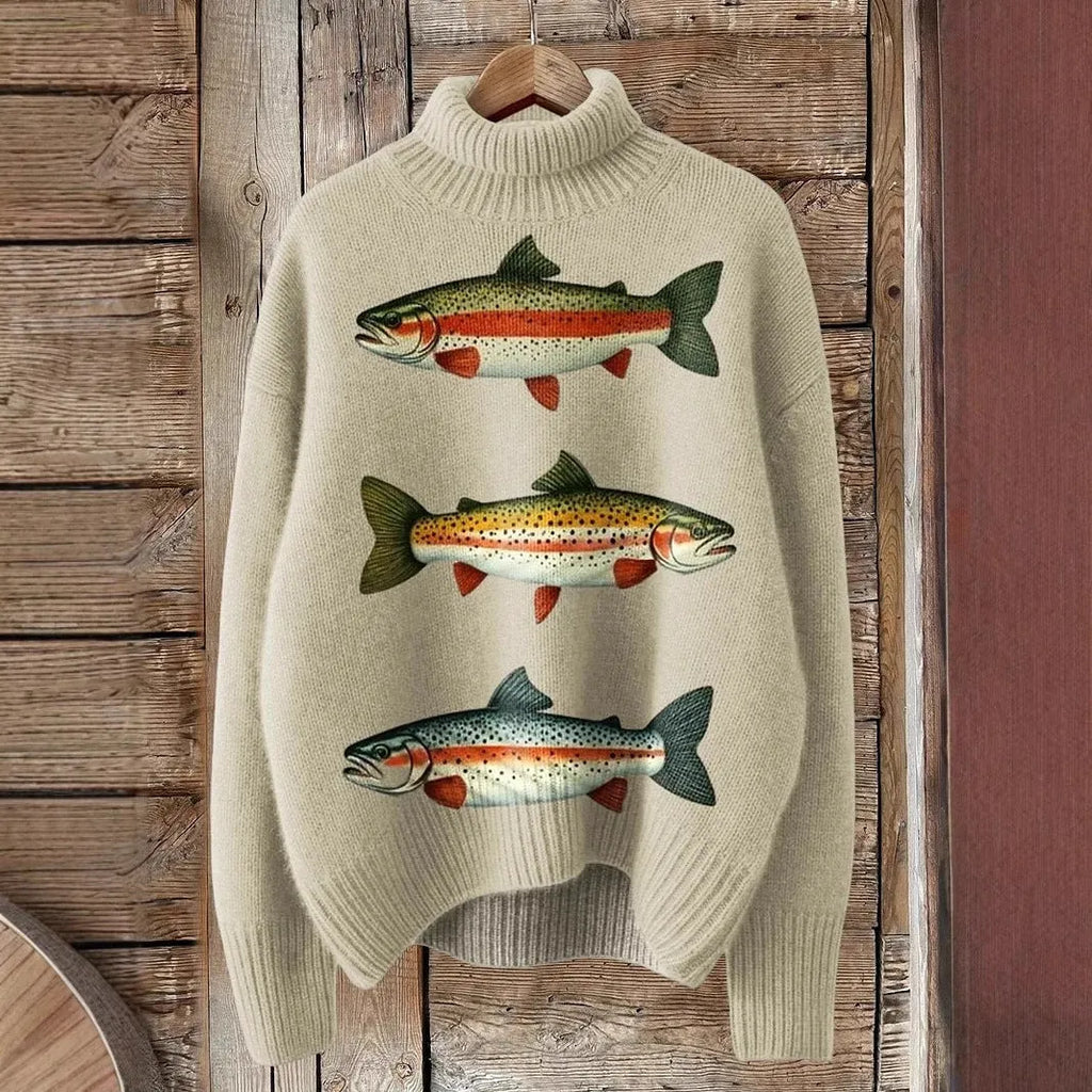 Women's Christmas printed turtleneck sweater in loose fit with painting pattern and macaron colours