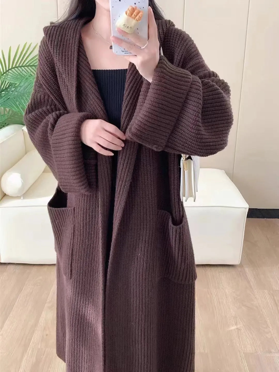 Women's loose hooded cardigan coat in extended 80cm length with raglan sleeves